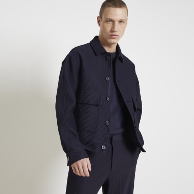 Navy regular fit plisse harrington jacket | River Island