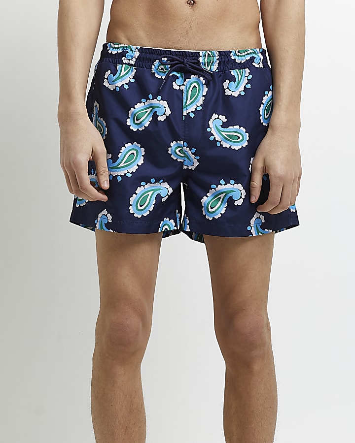 Navy regular fit print swim shorts