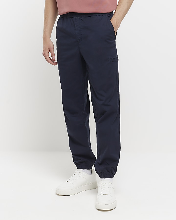 Navy regular fit pull on joggers | River Island