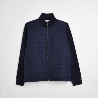 Navy regular fit quilted hybrid jumper River Island