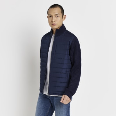 Navy regular fit quilted hybrid jumper River Island