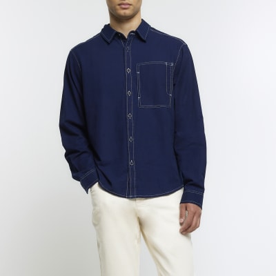 Navy regular fit stitch detail shirt | River Island