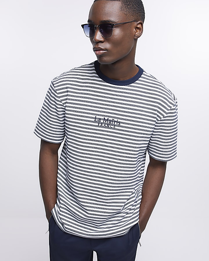 Navy regular fit striped embroidered t-shirt