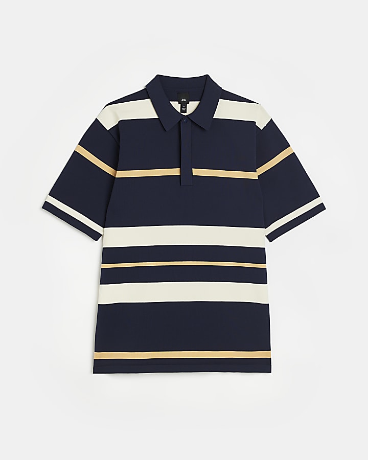 Navy regular fit striped polo shirt