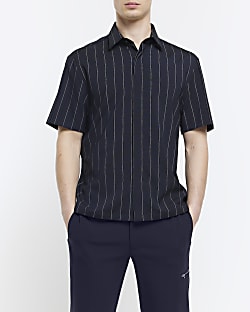 Navy regular fit striped short sleeve shirt