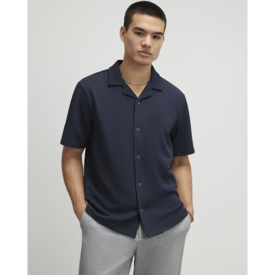 Navy Regular Fit Texture Revere Shirt