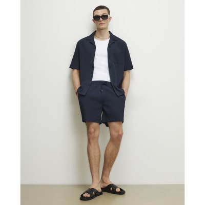 Navy Regular Fit Textured Short Sleeve Shirt