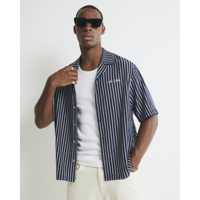 Navy Regular Fit Textured Stripe Shirt