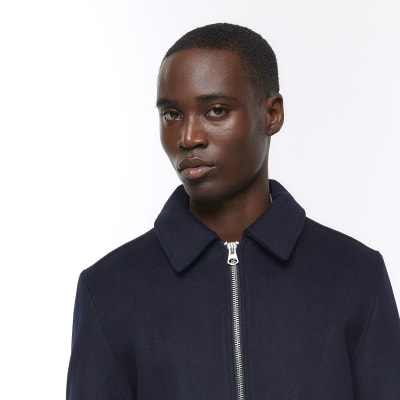 Navy regular fit wool blend Harrington jacket | River Island