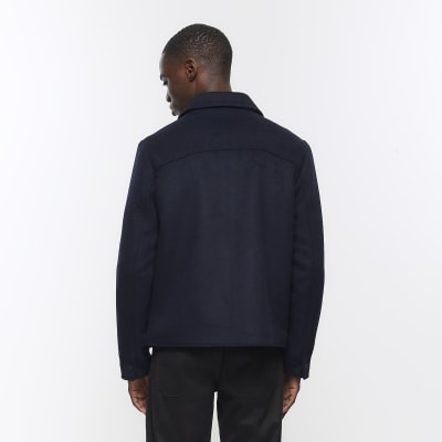 Navy regular fit wool blend Harrington jacket | River Island