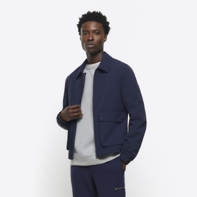 Navy regular fit zip up Harrington jacket | River Island