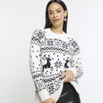 Navy Reindeer Christmas Jumper | River Island