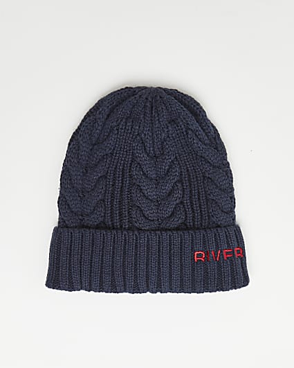 Navy RI branded cable knit beanie hat