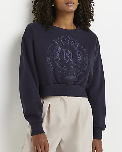 Navy RI embroidered cropped sweatshirt