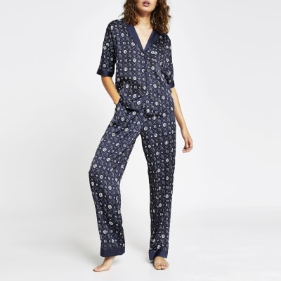 Navy RI logo satin pyjama trousers