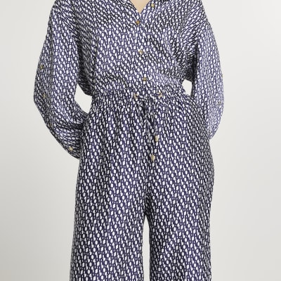 Navy RI monogram jogger wide leg trousers