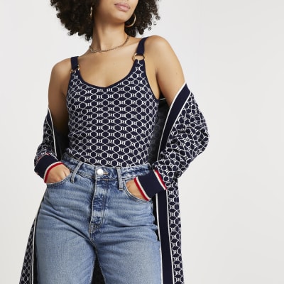 Navy RI monogram knit vest top River Island