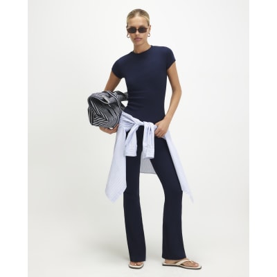 Navy Ribbed Flared Leggings