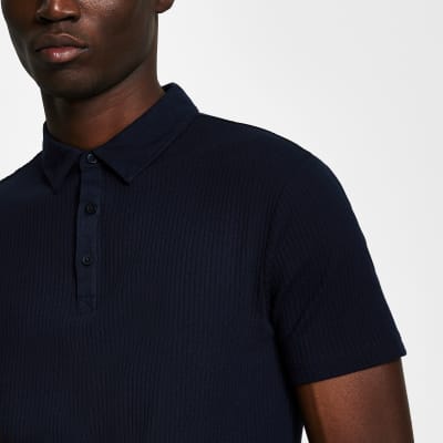 Navy ribbed muscle fit polo shirt | River Island