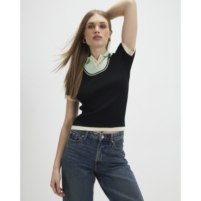 Navy Ribbed Short Sleeve Layered Polo Shirt