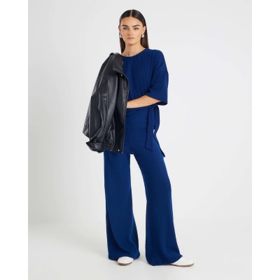 Navy Ribbed Wide Leg Trousers