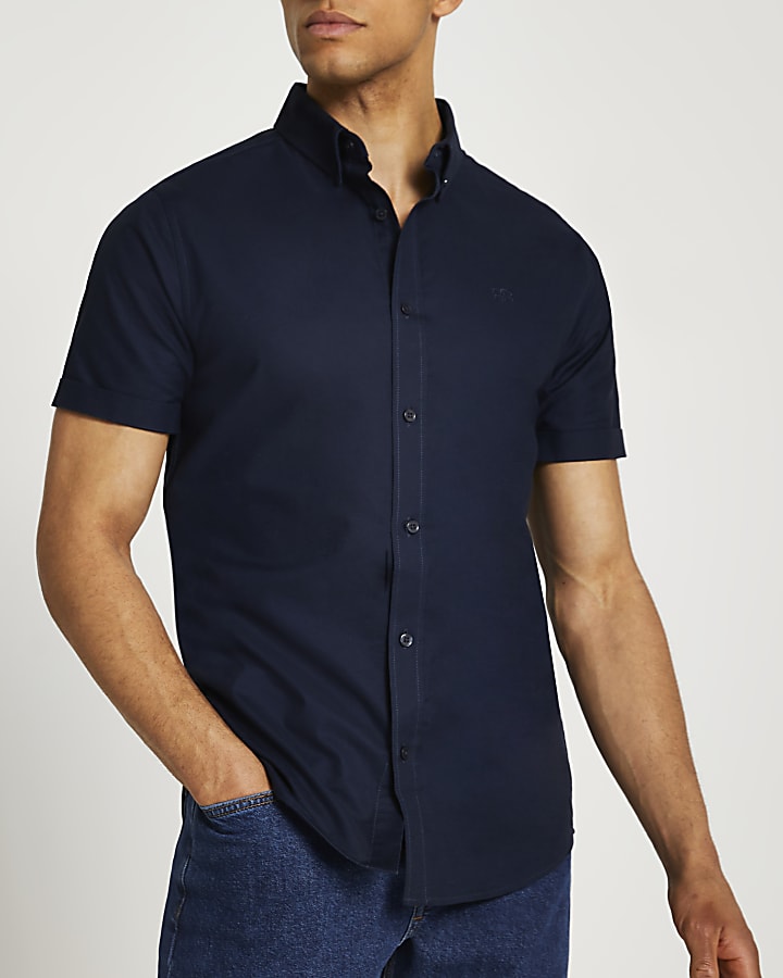 Navy RR Oxford slim fit short sleeve shirt