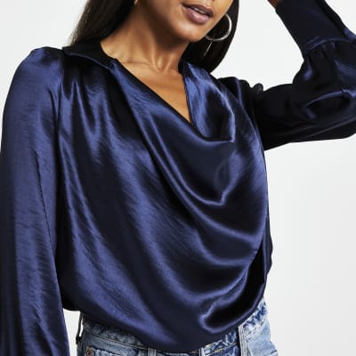 Navy satin cowl neck long sleeve top | River Island