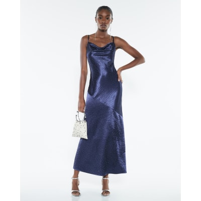 Navy Satin Diamante Detail Slip Midi dress