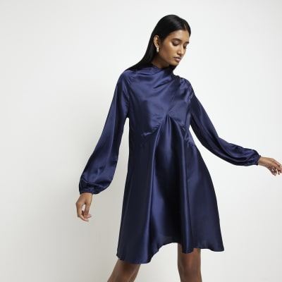 Navy satin long sleeve wrap mini dress | River Island