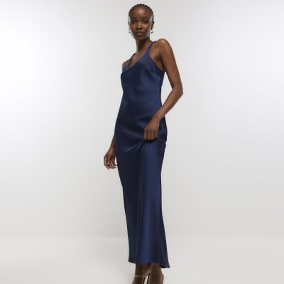 Navy Long Satin Slip Dress