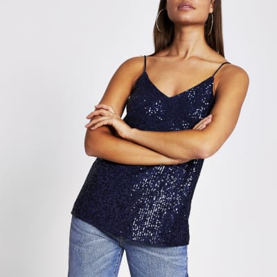 Navy Sequin Cami Top River Island 