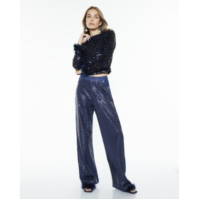 Navy Sequin High Rise Relaxed Straight Jeans