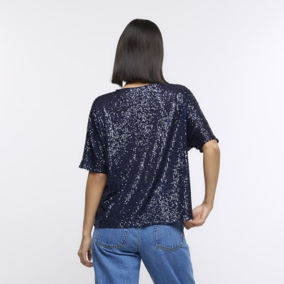 Navy sequin tshirt River Island