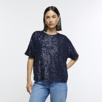 Navy sequin tshirt River Island