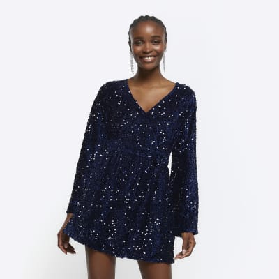 Navy Sequin Tie Waist Shift Mini Dress River Island