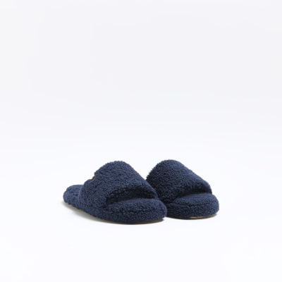 Navy shearling slippers River Island