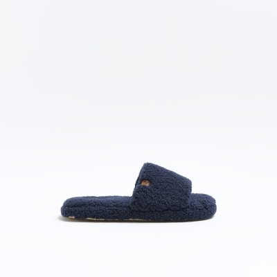 Navy shearling slippers River Island