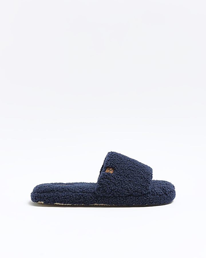 Navy shearling slippers | River Island