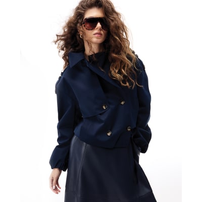 Navy Short Bubble Hem Trench Jacket