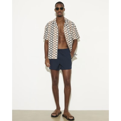 Navy Short Length Piped Swim Shorts