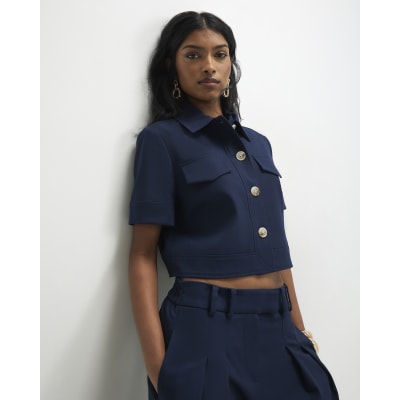 Navy Short Sleeve Cropped Jacket