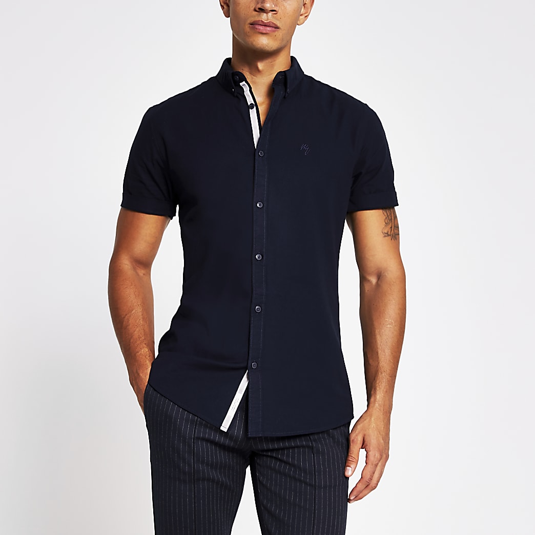 Navy short sleeve muscle fit oxford shirt | River Island