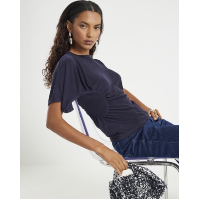 Navy Short Sleeve Ruched Waist Slinky Top