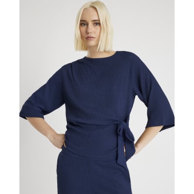 Navy Short Sleeve Textured Knot Side Top