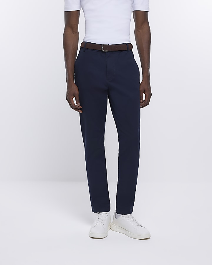 Navy skinny fit belted chino trousers