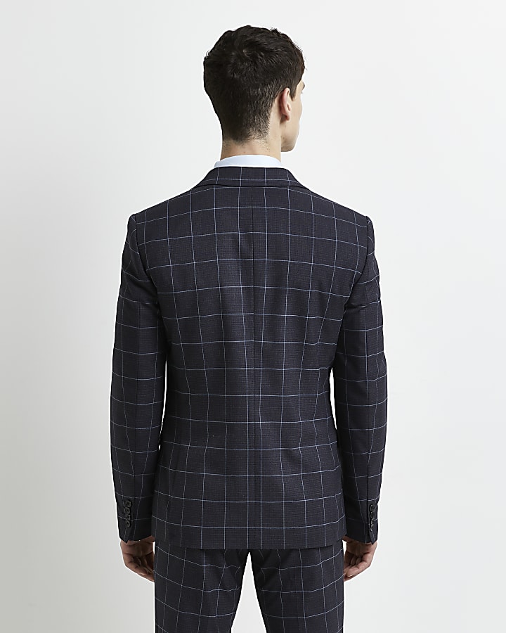 Navy skinny fit check suit jacket