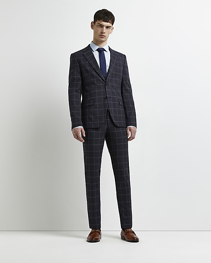 Navy skinny fit check suit jacket