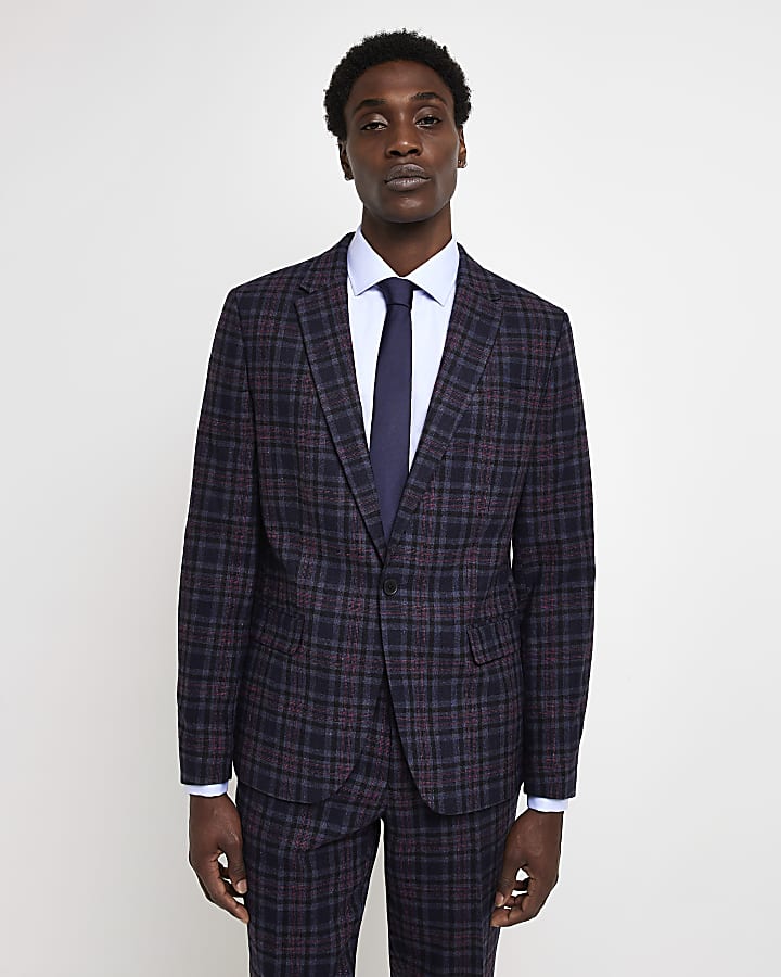 Navy Skinny fit Check Suit jacket