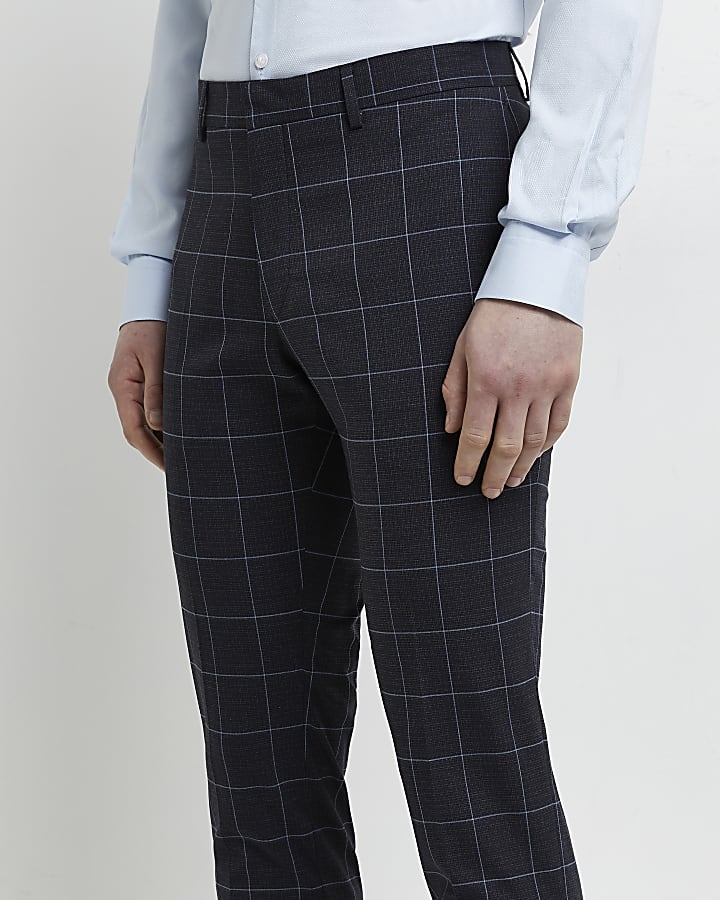 Navy skinny fit check suit trousers