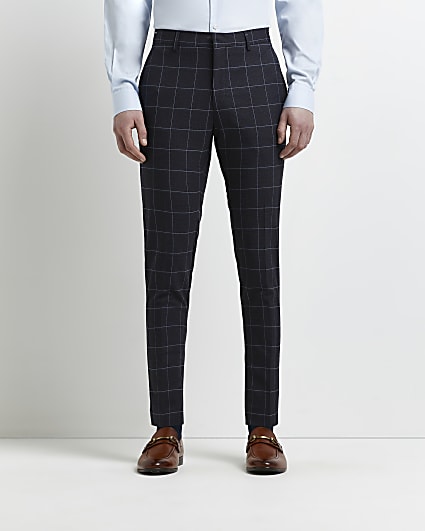 Navy skinny fit check suit trousers